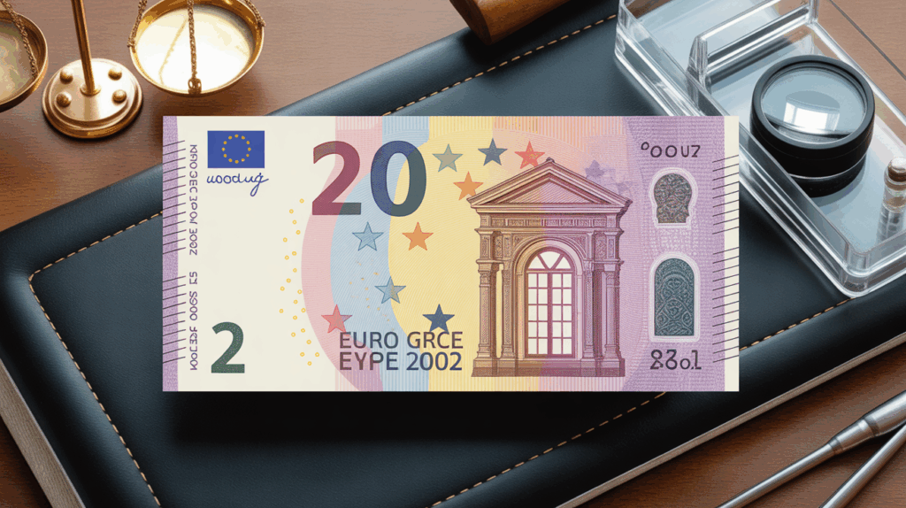 gros plan pièce 2 euros Grèce 2002 sur table, balance et loupe