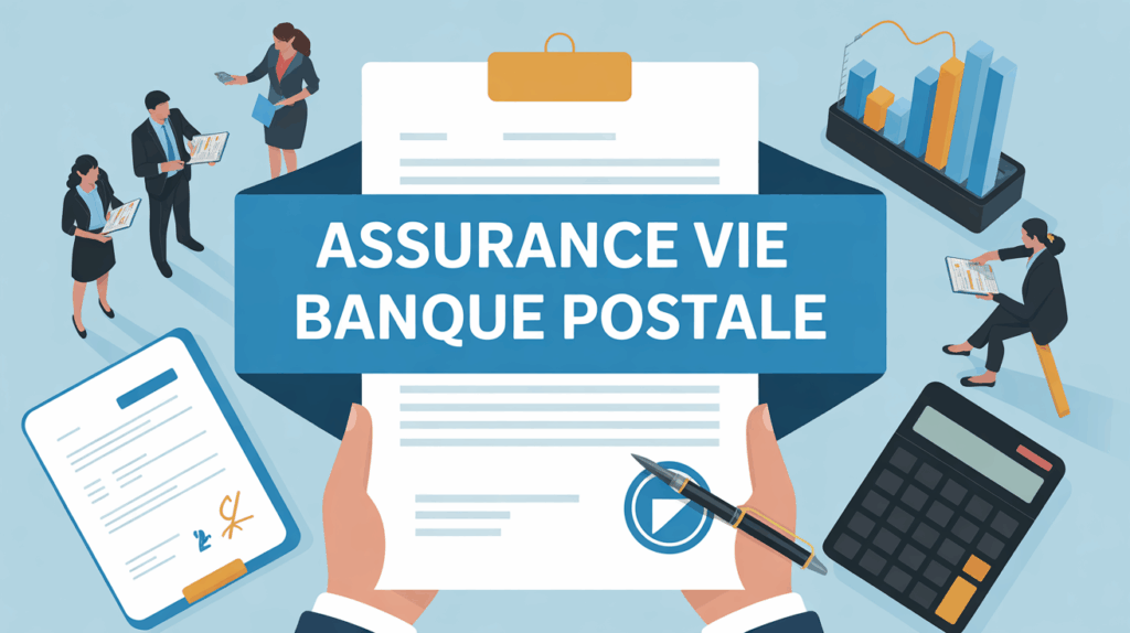 Contrat assurance vie Banque Postale sur bureau, documents, calculatrice