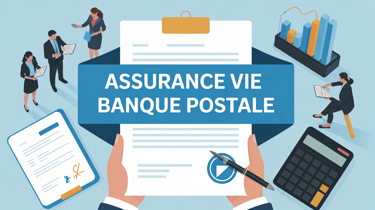Contrat assurance vie Banque Postale sur bureau, documents, calculatrice