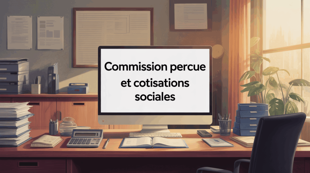 Bureau avec dossiers et ecran titre Commission percue et cotisations sociales