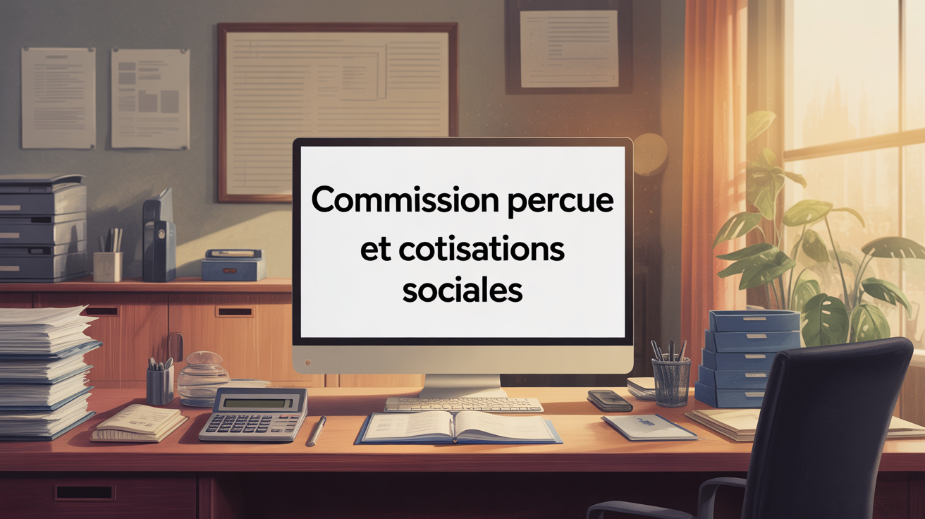Bureau avec dossiers et ecran titre Commission percue et cotisations sociales