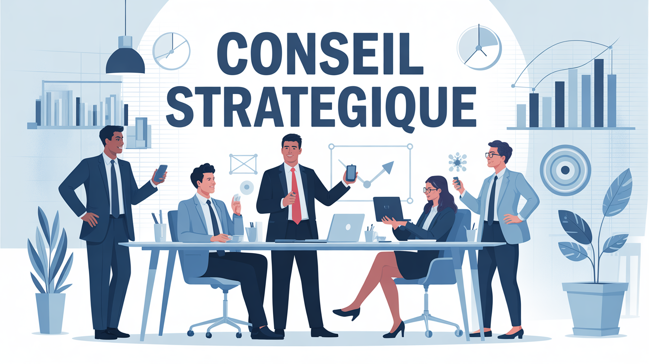 Scène de conseil strategique en bureau moderne, ambiance professionnelle