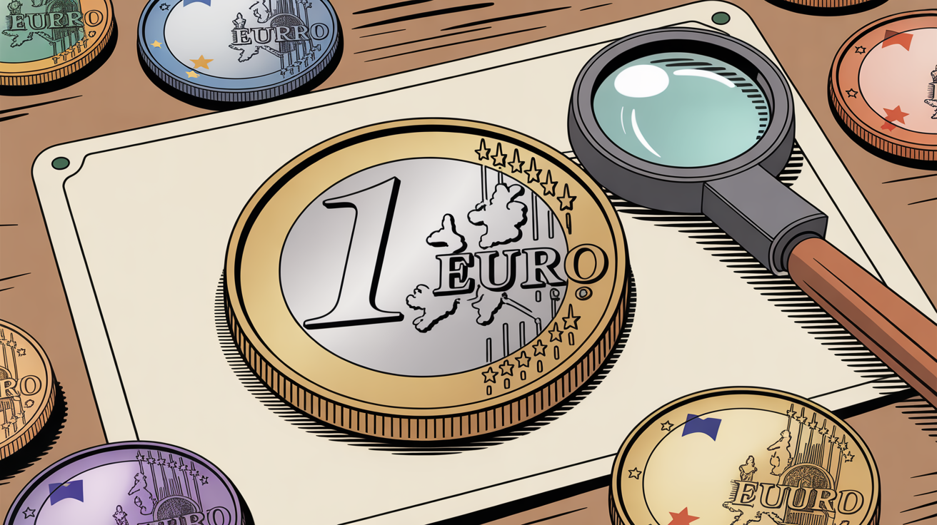 piece de 1 euro rare avec autres euros et loupe