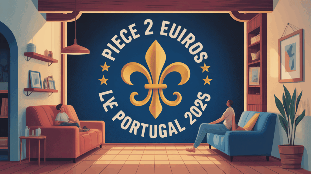 Piece 2 euros fleur de lys Portugal 2025 sur fond bleu stylise