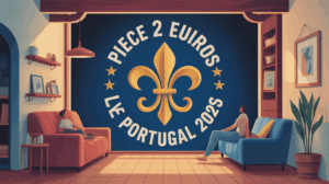 Piece 2 euros fleur de lys Portugal 2025 sur fond bleu stylise