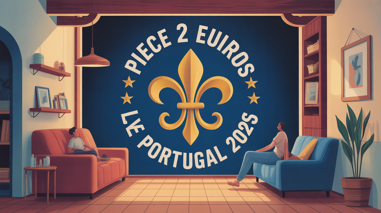 Piece 2 euros fleur de lys Portugal 2025 sur fond bleu stylise