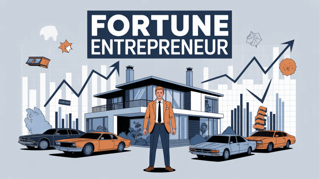 fortune entrepreneur devant maison moderne voitures vintage graphique financier