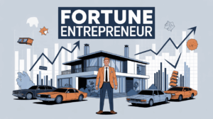 fortune entrepreneur devant maison moderne voitures vintage graphique financier
