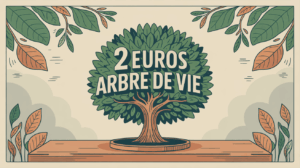 piece 2 euros Arbre de Vie brillante gros plan sur table bois