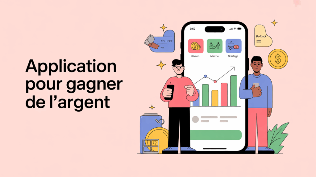 Personnages avec smartphone illustrant application pour gagner de l'argent