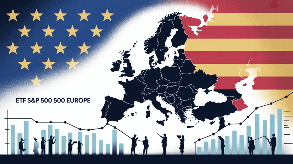 Carte Europe connectee au drapeau US, investisseurs et ETF S&P 500