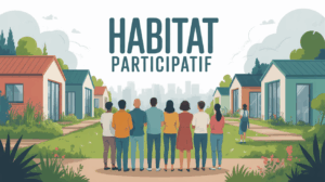 Groupe intergénérationnel devant habitat participatif écologique, illustration