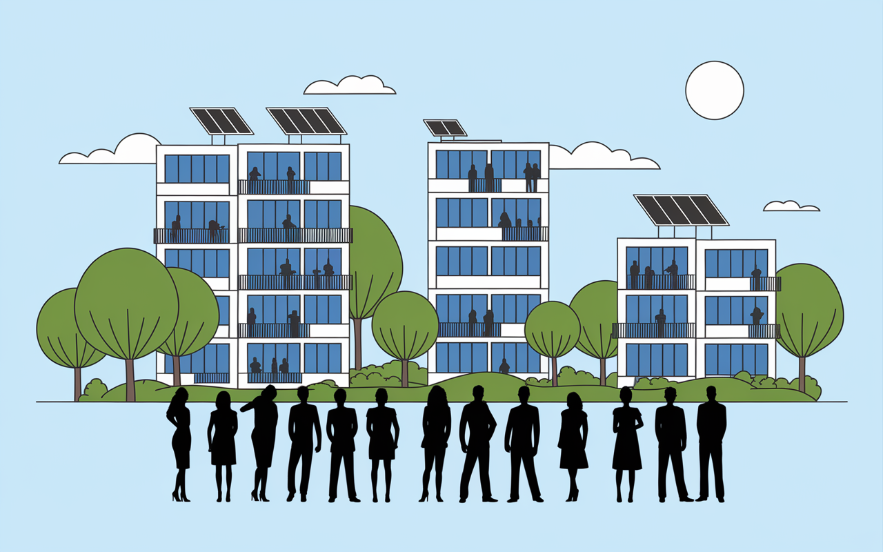 Immeubles modernes avec espaces partagés, illustration habitat participatif