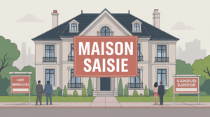 Maison saisie, panneau vente judiciaire, illustration SEO