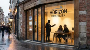Agence immobiliere devanture vitree logo agent costume clients pancarte