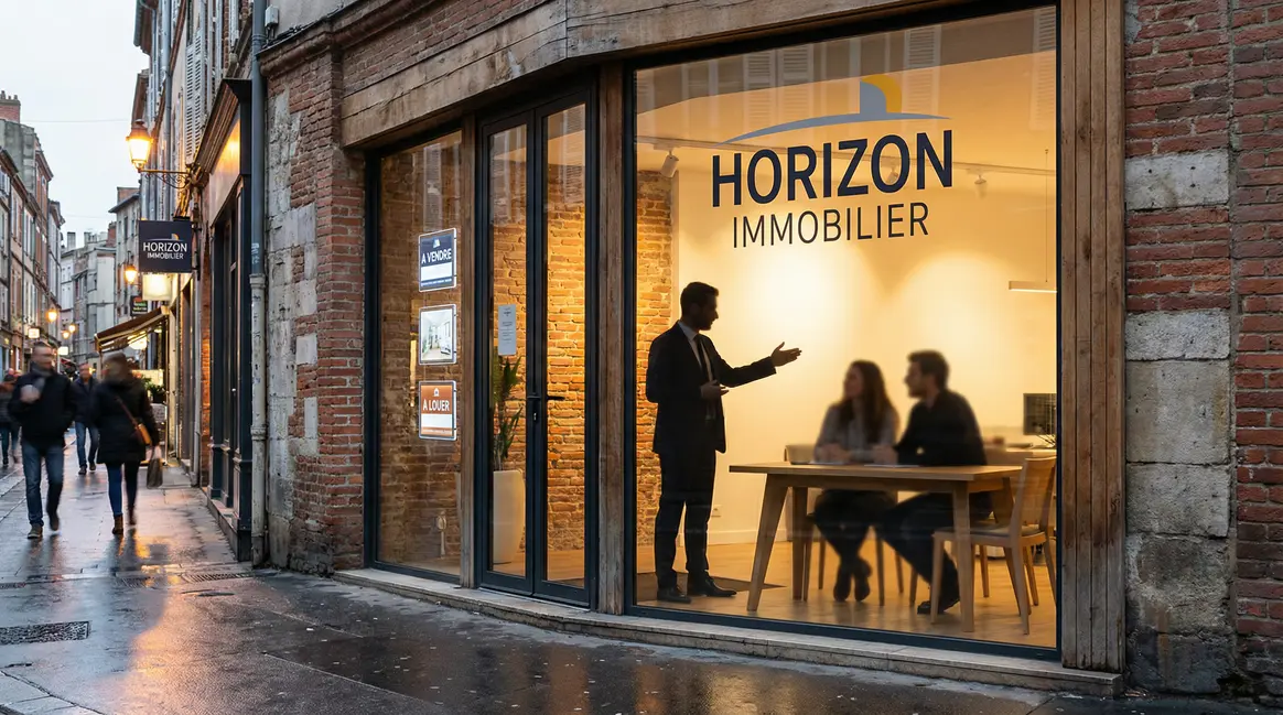 Agence immobiliere devanture vitree logo agent costume clients pancarte