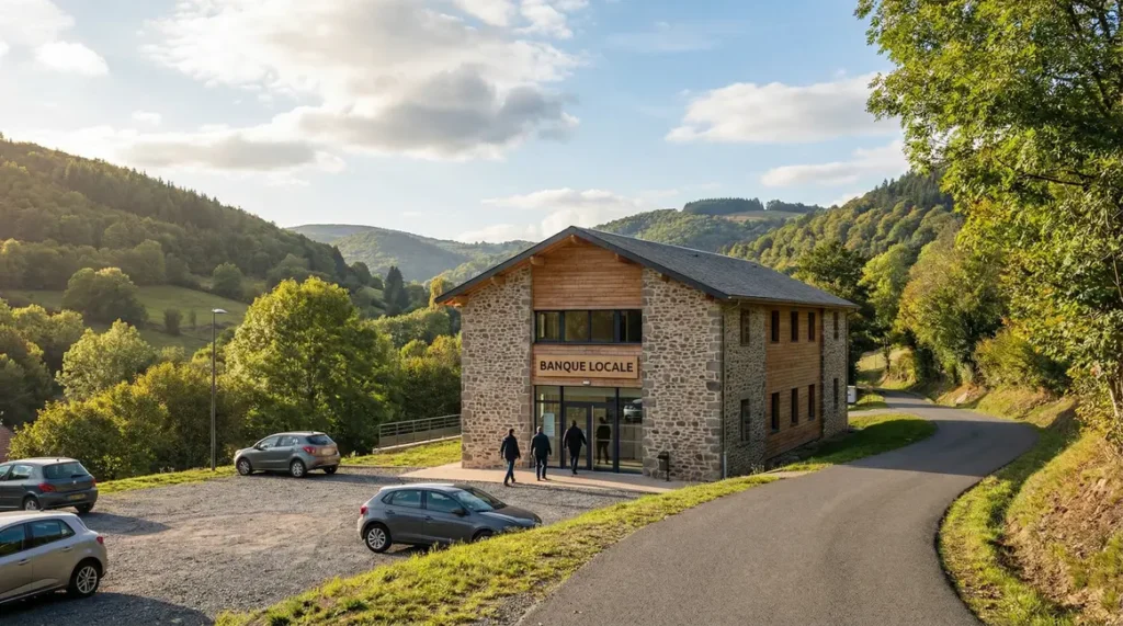 Bâtiment moderne Crédit Mutuel Massif Central, paysage montagne