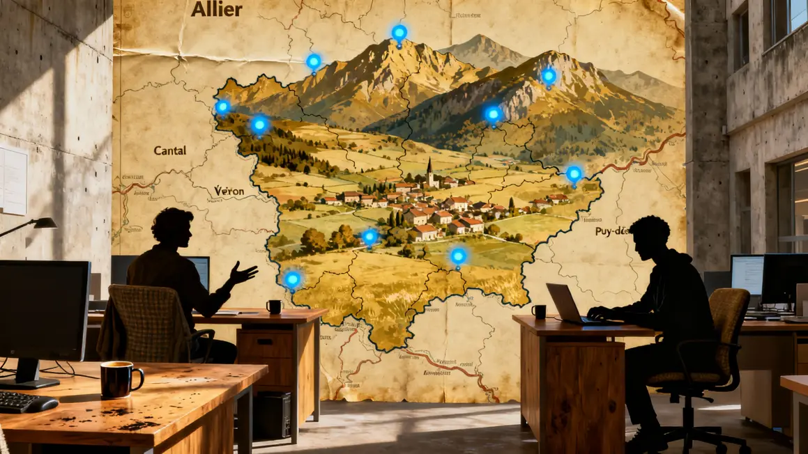 Carte avec agences Crédit Mutuel Massif Central, départements Allier Cantal Aveyron Puy-de-Dôme