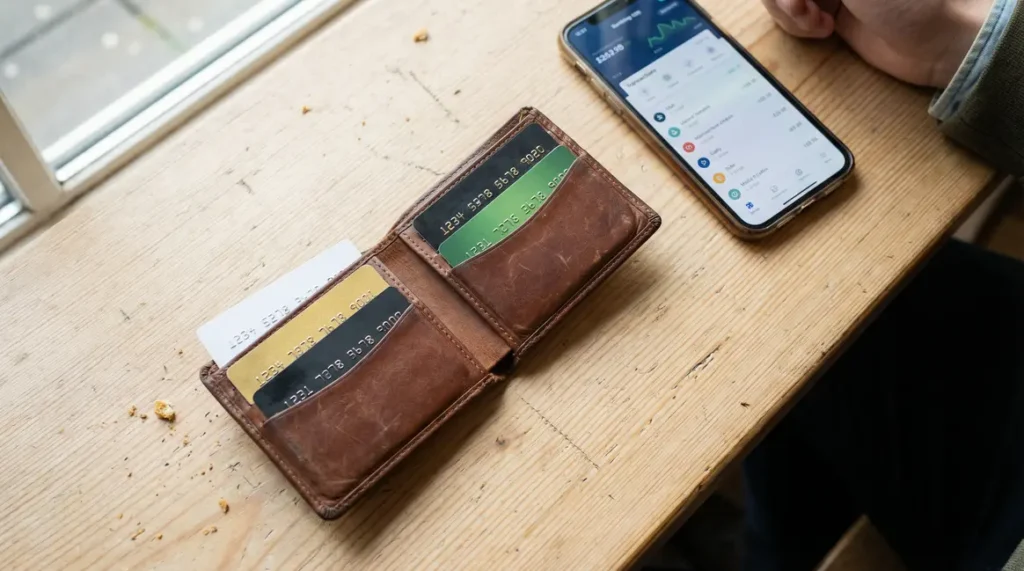 Portefeuille avec cartes bancaires blanc doré noir vert Crédit Agricole