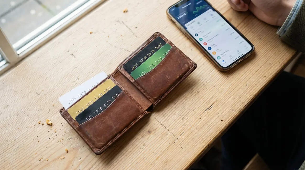 Portefeuille avec cartes bancaires blanc doré noir vert Crédit Agricole