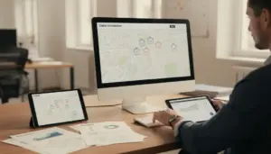 Carte interactive avec icones maisons et chiffres DVF sur ville