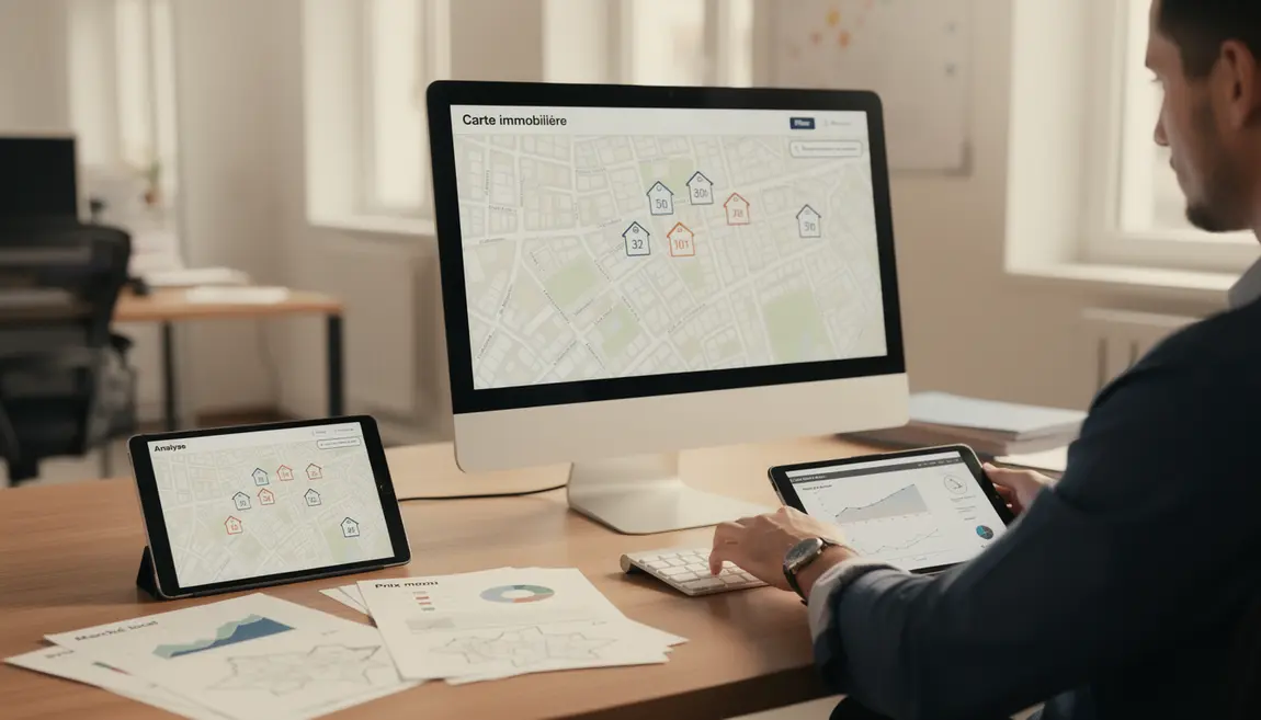 Carte interactive avec icones maisons et chiffres DVF sur ville