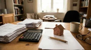 Table avec documents fiscaux et maison miniature, défiscalisation
