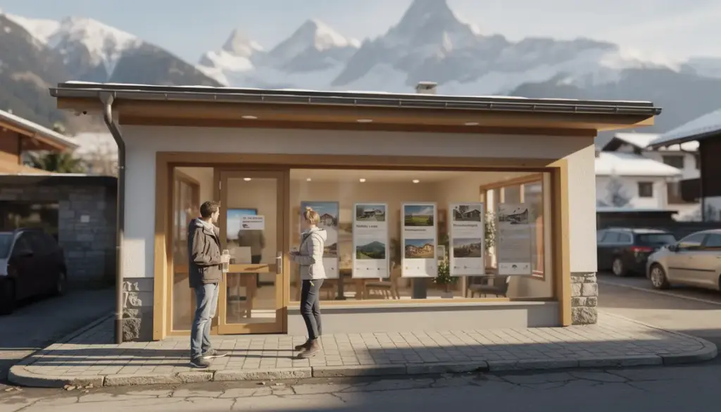 MS Immobilier devant paysage alpin, clients et agent en discussion