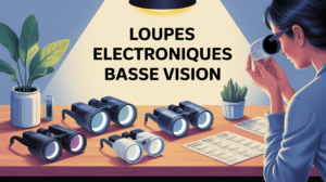 action essilor table avec loupes electroniques personne autonome