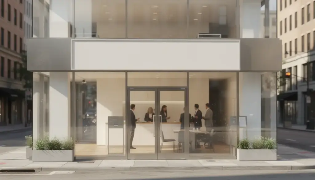 Vue agence immobilière moderne façade vitrée clients agents