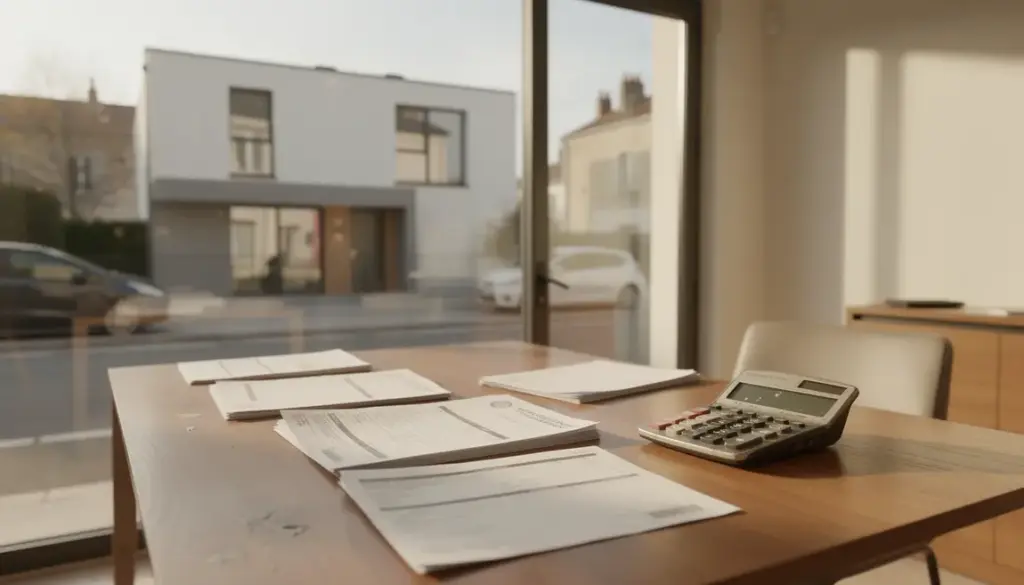 Impôt plus-value immobilière française maison à vendre, documents fiscaux, calculatrice
