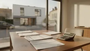 Impôt plus-value immobilière française maison à vendre, documents fiscaux, calculatrice