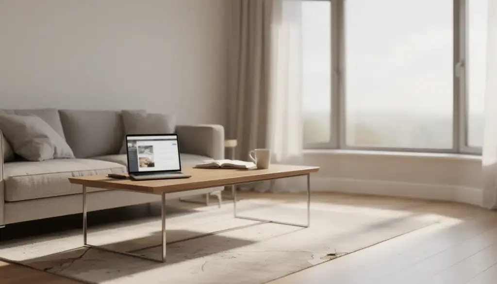 Salon moderne avec annonce Leboncoin Immobilier sur ordinateur