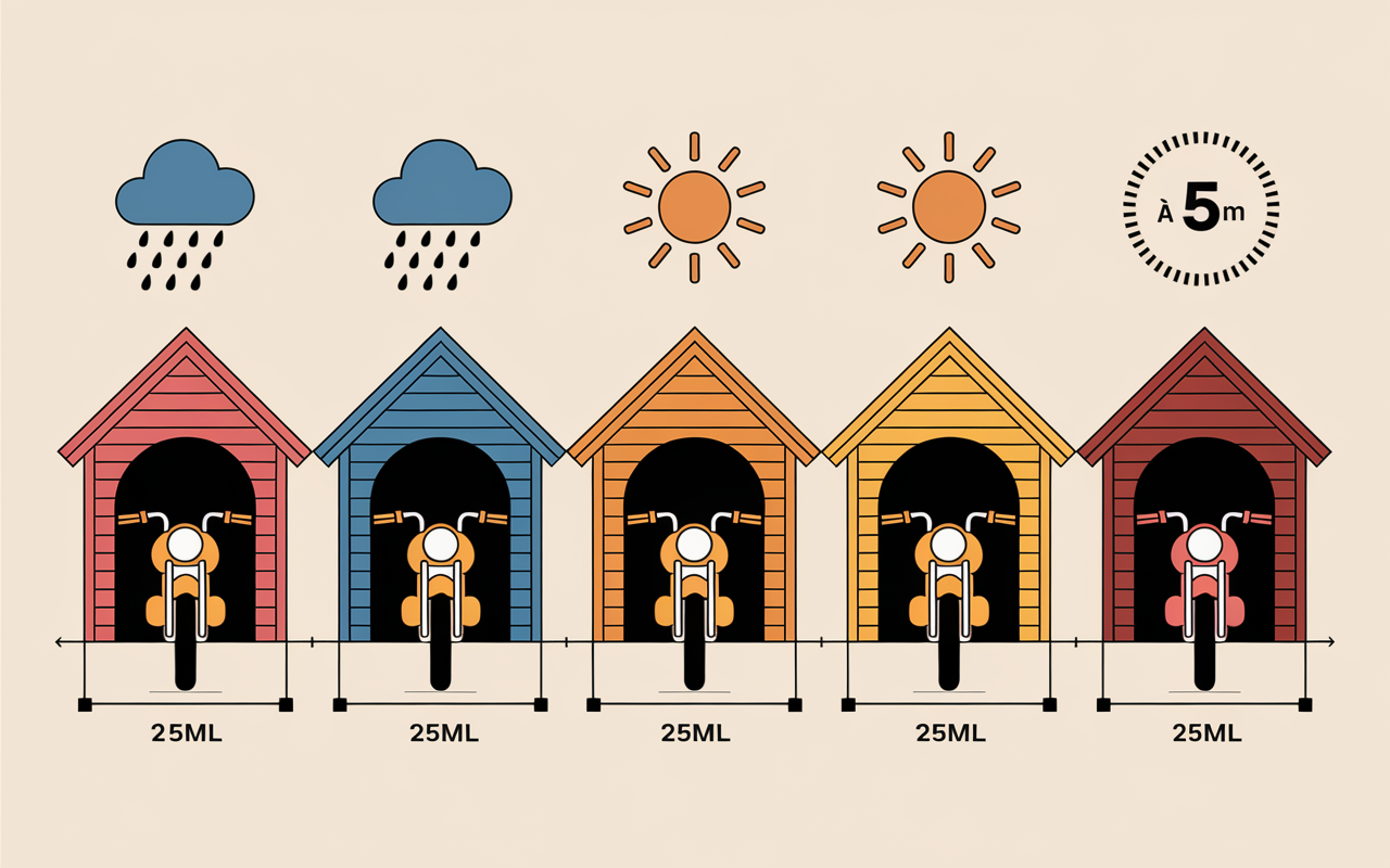 Cinq abris moto de types variés avec dimensions