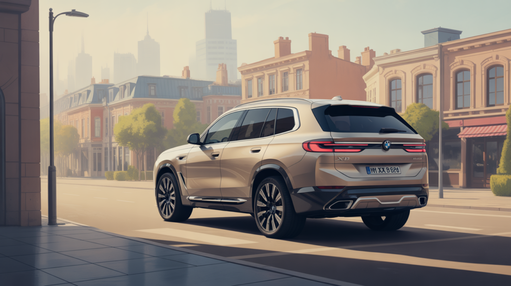 bmw x8 vue stylisée famille sur route urbaine
