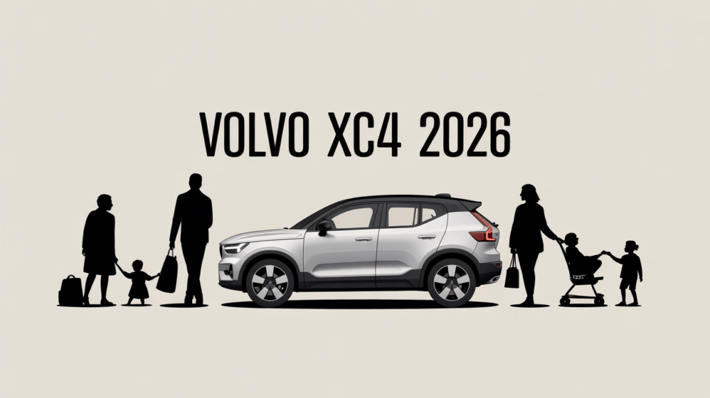 Volvo XC40 2026 illustré avec famille urbain