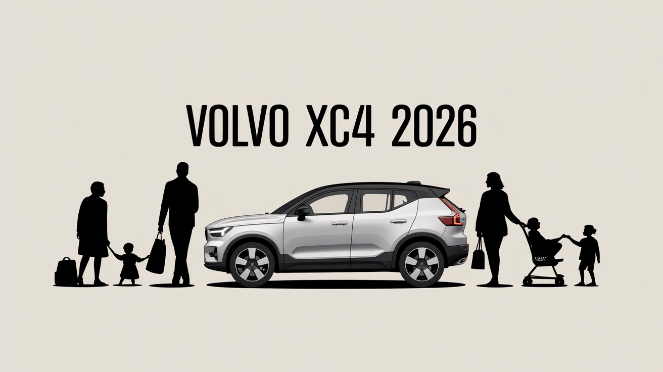 Volvo XC40 2026 illustré avec famille urbain