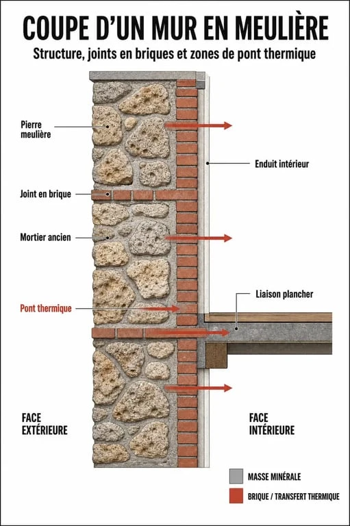 Coupe transversale d'un mur de maison meulière illustrant les avantages et inconvénients techniques