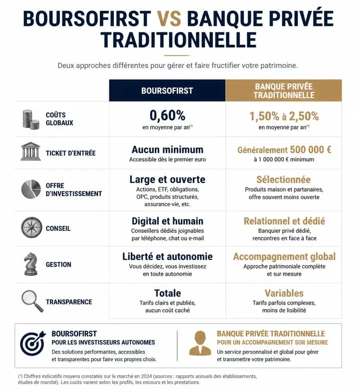 Comparatif des avantages de l'offre BoursoFirst par rapport à la banque privée traditionnelle pour la gestion de patrimoine