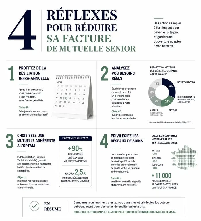 Infographie 4 conseils pour réduire le coût de sa mutuelle senior selon 60 millions de consommateurs