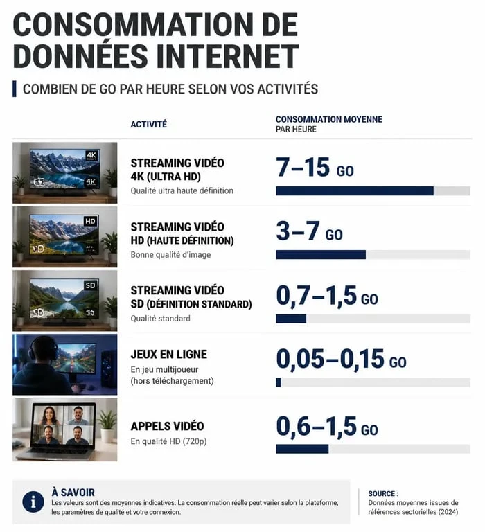 Infographie illustrant la consommation de 200 Go d'internet selon les usages : streaming vidéo, jeux et navigation.