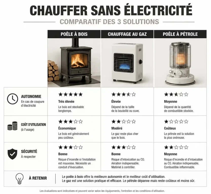 Infographie comparative des solutions pour chauffer une pièce sans électricité en hiver