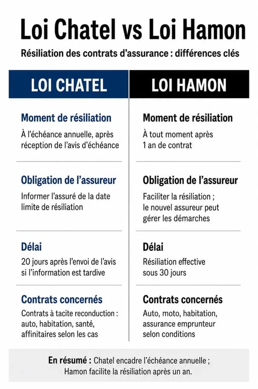 Tableau comparatif des différences entre la loi Hamon et la loi Chatel pour la résiliation d'assurance