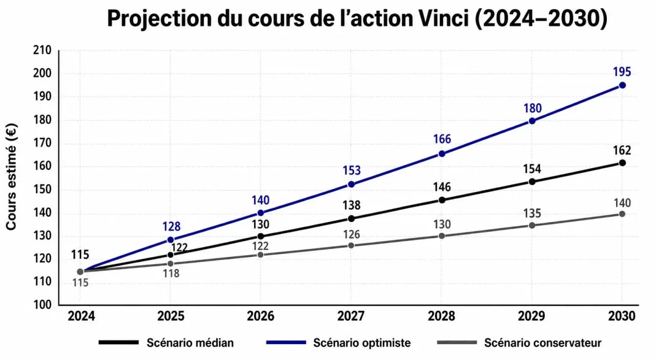 Projection du cours de l'action Vinci à l'horizon 2030 selon différents scénarios de croissance