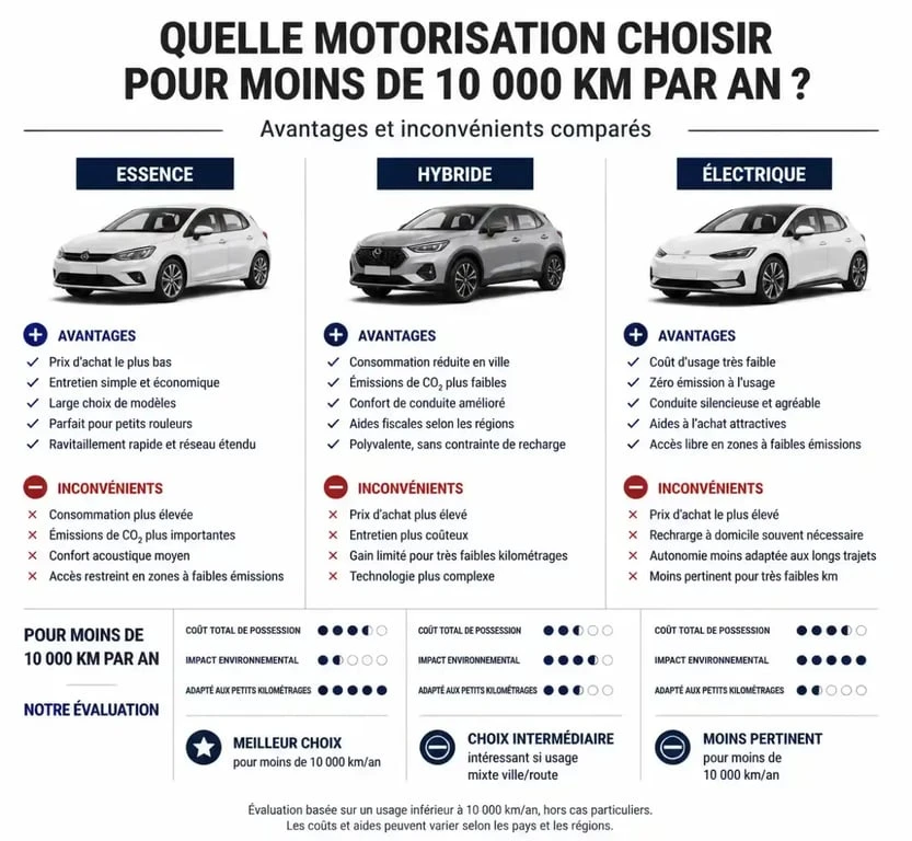 Infographie comparative des motorisations essence, hybride et électrique pour choisir sa voiture quand on roule peu