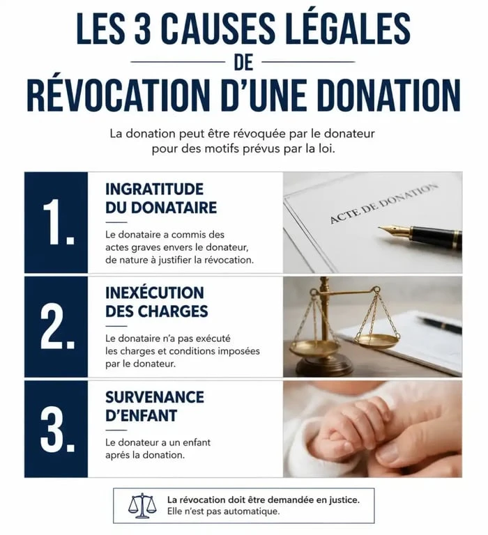 Infographie des trois causes légales de révocation d'une donation avec usufruit
