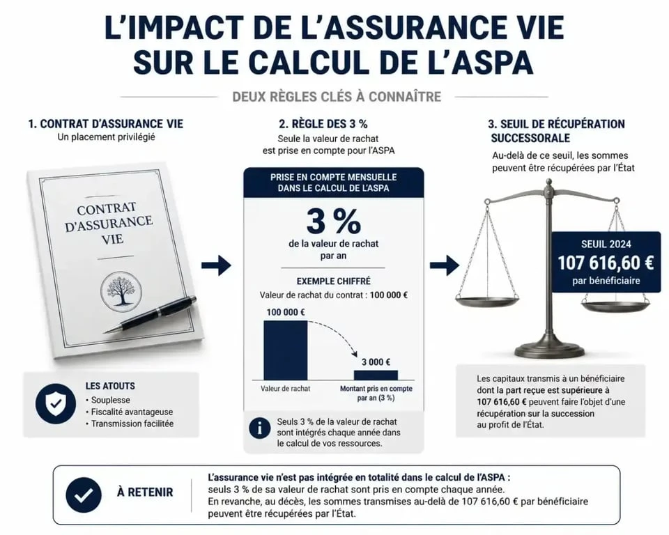 Infographie expliquant le calcul de l'ASPA avec une assurance vie et les seuils de récupération