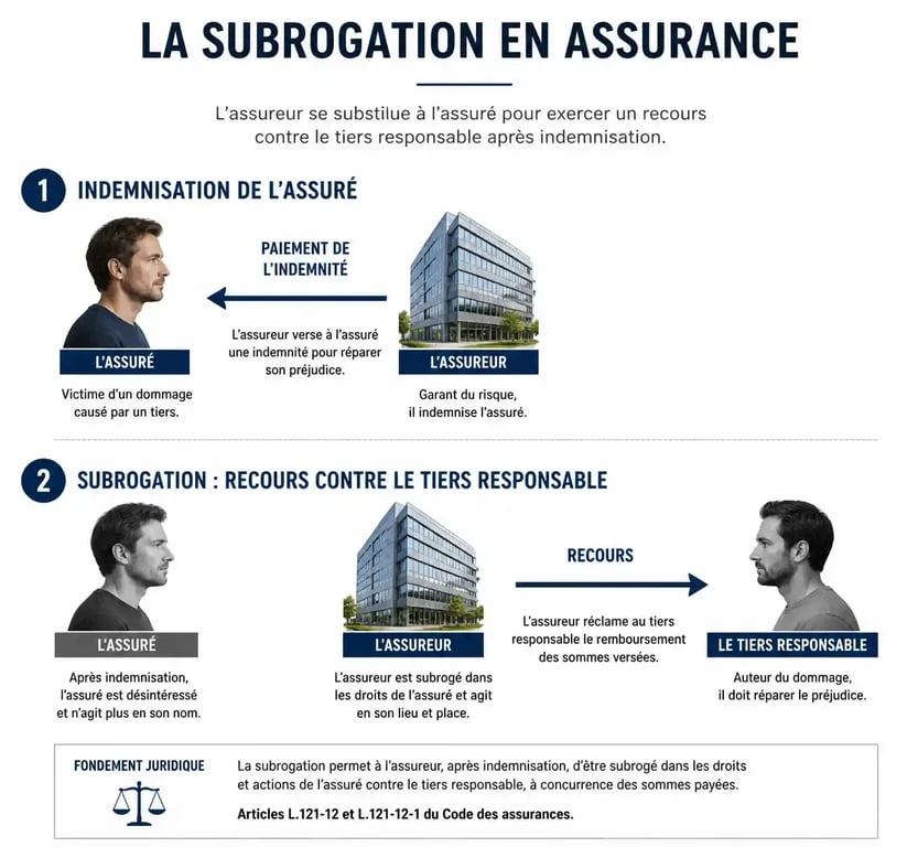 Schéma explicatif du mécanisme de subrogation assurance et transfert de droits