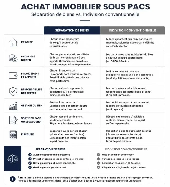 Comparatif des régimes de propriété pour un achat immobilier sous PACS : séparation de biens vs indivision conventionnelle