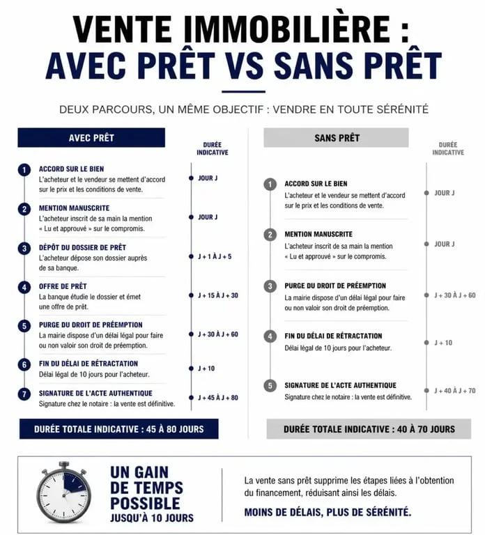 Infographie comparative des étapes d'un compromis de vente sans emprunt par rapport à une vente classique